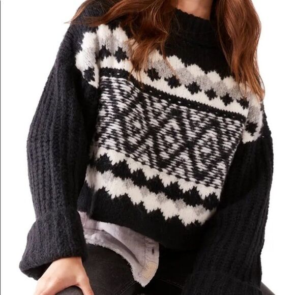 FREE PEOPLE ONYX COMBO SWEATER ALPINE PULLOVER WOOL MOCK NECK FLARE SLEEVE NWT - Picture 5 of 9